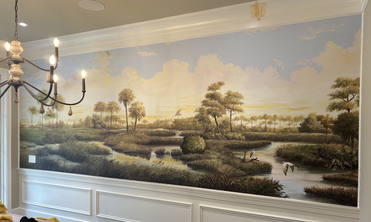 Charleston Lowcountry living room with hand-installed grasscloth wallcovering